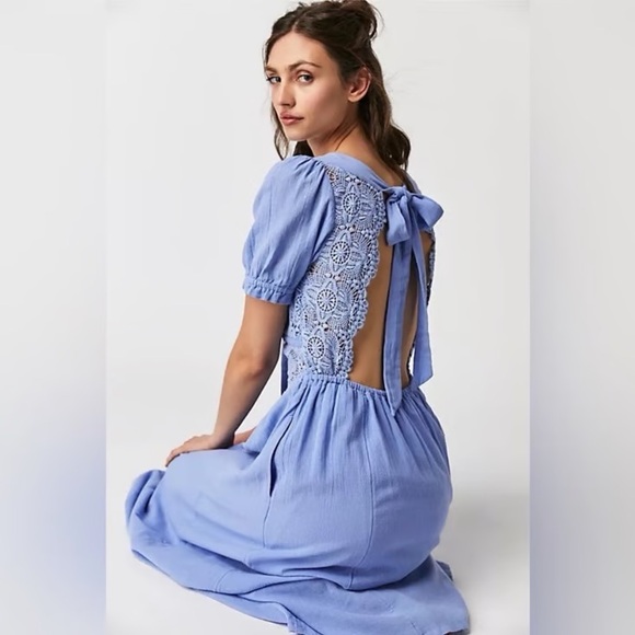 Free People Lavender periwinkle blue Lace Midi Dress all you need is lace dress - Picture 2 of 7